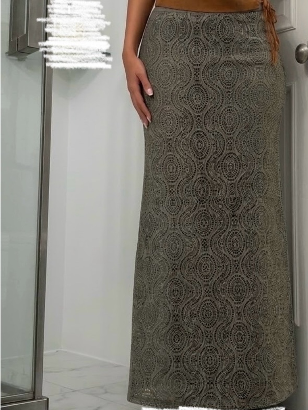 Suzy Shier Olive Green Lace Maxi Skirt